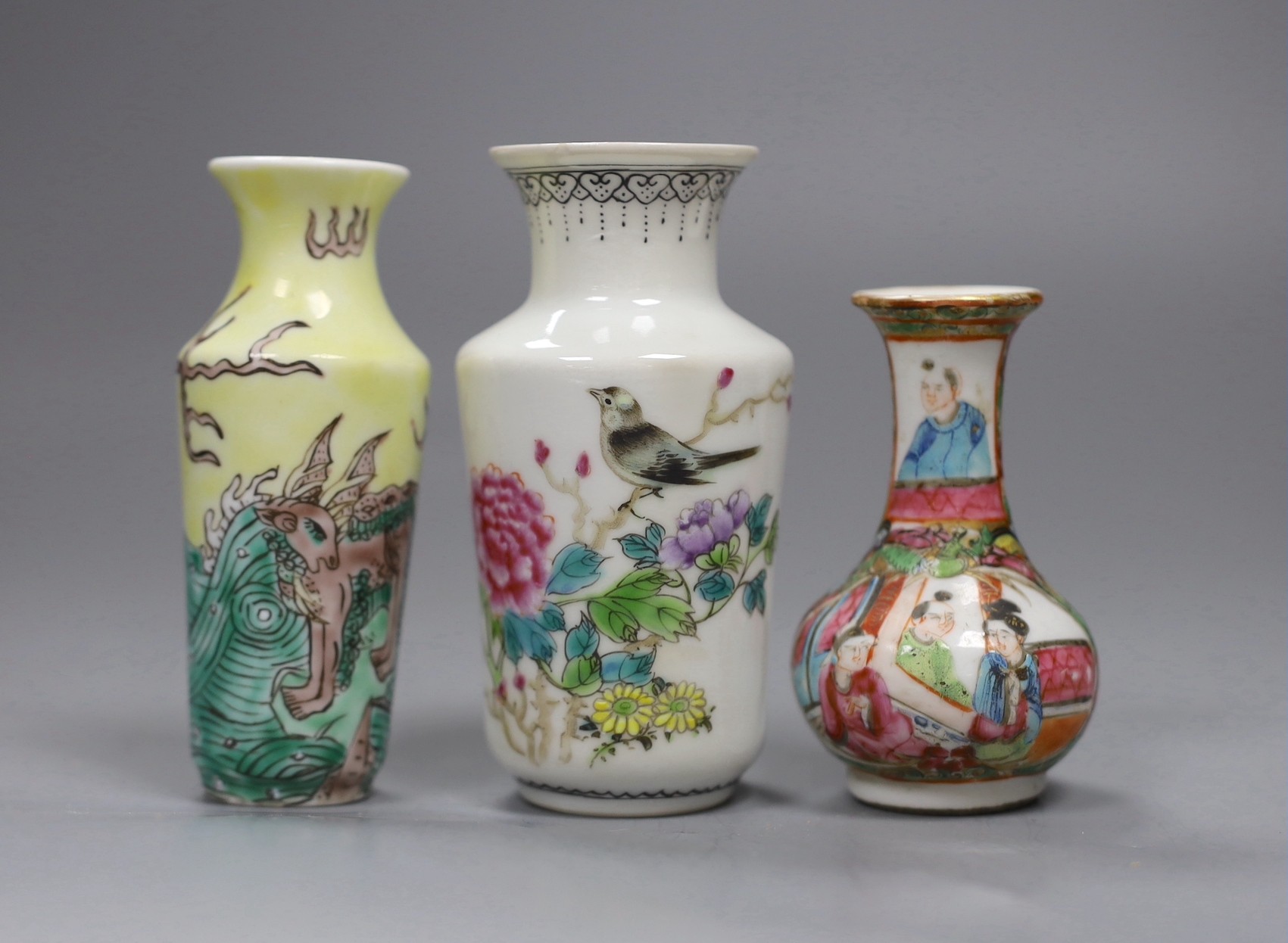 Three Chinese enamelled porcelain miniature vases, late 19th century / Republic period, tallest 10cms high